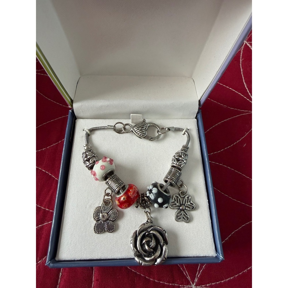 Silver Charm Bracelet Rose Flower Butterfly Beads‎ Clasp Heart